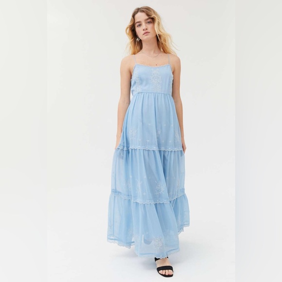 NWT Urban Outfitters Hana Embroidered Maxi Dress - Sky Blue - Picture 1 of 5